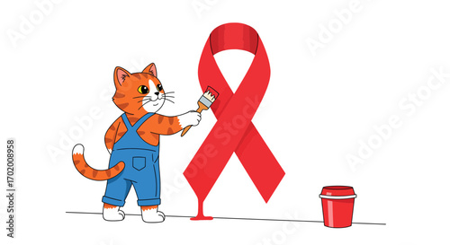 An illustrated ginger cat wearing overalls uses a brush to paint a giant red ribbon, symbolizing support and awareness for a cause
