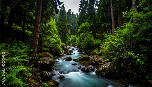 A flowing river winds through a vibrant, verdant forest under an overcast sky, creating a serene landscape