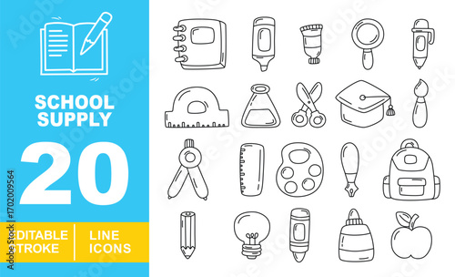 School Supply line icon set. Notebook, marker, paint, magnifier, pen, protractor, flask, scissors, cap, brush, compass, ruler, palette, ink, backpack, pencil. Editable stroke icons collection.