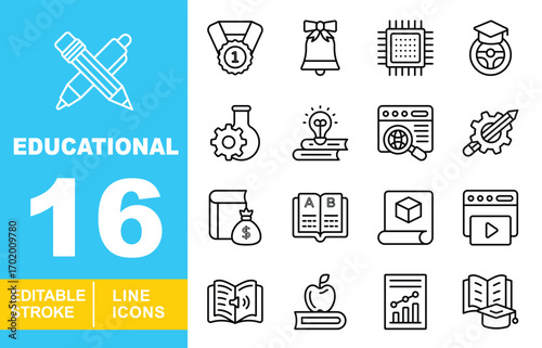 Educational line icon set. Medal, bell, chip, wheel, science, idea, browser, tools, money, alphabet, blueprint, video, audiobook, apple, chart, graduation and more. Editable stroke icons collection.