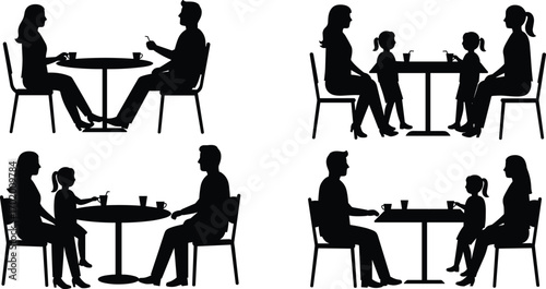 Silhouette of family and friends sitting at café table, drinking coffee, parents with children, social interaction, lifestyle vector illustration
