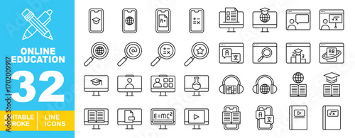 Online Education line icon set. Mobile, globe, grade, calculator, document, graduation, chat, math, magnifier, language, ranking, alphabet, monitor, user, flask. Editable stroke icons collection