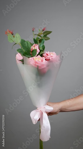 Female hand twirling bouquet of pink roses in translucent paper with pink ribbon