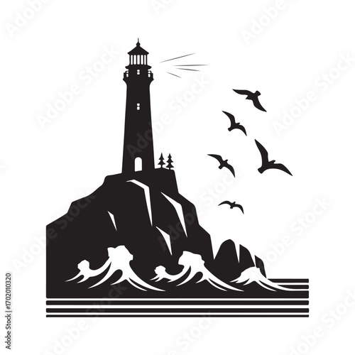 lighthouse on a rocky cliff with waves crashing seagulls flying above vector silhouette clip art logo design illustration