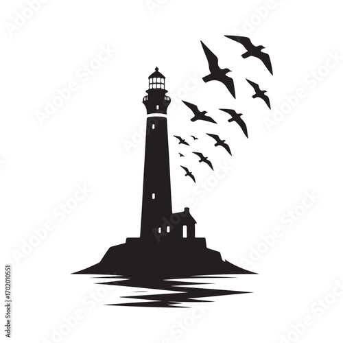 lighthouse on a rocky cliff with waves crashing seagulls flying above vector silhouette clip art logo design illustration