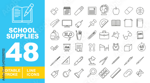 School Supplies line icon set. Binderclip, calendar, marker, calculator, globe, apple, eraser, basketball, stapler, monitor, bell, thumbtack, protractor, book, house. Editable stroke icons collection.