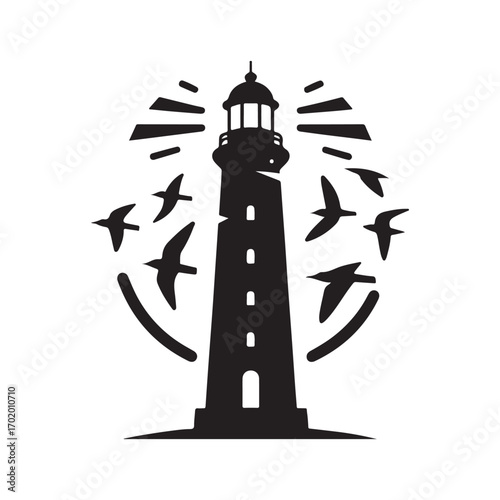 lighthouse on a rocky cliff with waves crashing seagulls flying above vector silhouette clip art logo design illustration