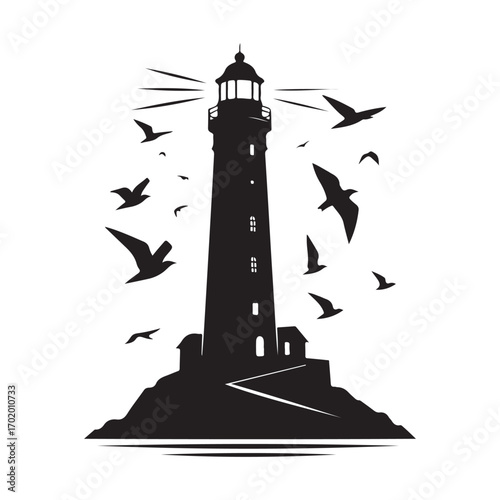lighthouse on a rocky cliff with waves crashing seagulls flying above vector silhouette clip art logo design illustration