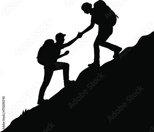 Silhouette of two hikers climbing a mountain, offering help, teamwork, outdoor adventure, friendship, backpacking, hiking illustration, nature support
