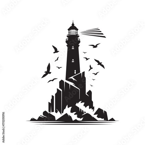 lighthouse on a rocky cliff with waves crashing seagulls flying above vector silhouette clip art logo design illustration