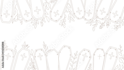 A pattern of coffins with crosses and leaves arranged on the top and bottom of a white background