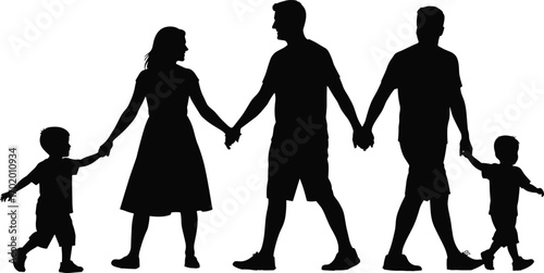 Silhouette of family walking holding hands together, parents and children illustration, happy family bond, parenting love, lifestyle concept, togetherness vector
