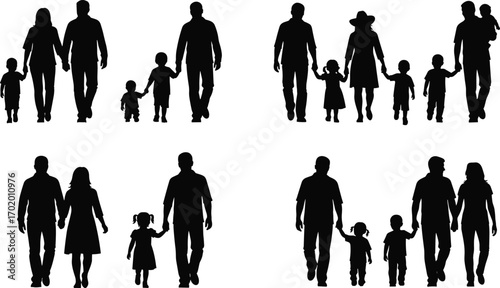 Silhouette of family walking together, parents with children, happy family love, group unity bond, lifestyle illustration, community togetherness, parenting support concept