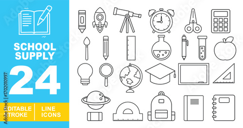 School Supply line icon set. Crayon, rocket, telescope, alarm, scissors, calculator, brush, pencil, ruler, flask, pen, testtube, apple, lightbulb, magnifier, globe. Editable stroke icons collection.