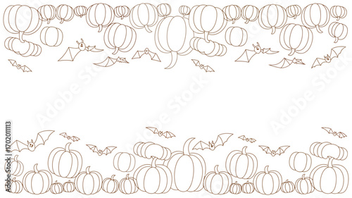 An outline drawing of pumpkins and bats arranged in rows at the top and bottom of the image area