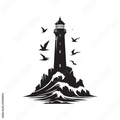 lighthouse on a rocky cliff with waves crashing seagulls flying above vector silhouette clip art logo design illustration