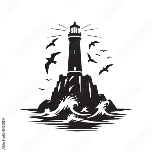 lighthouse on a rocky cliff with waves crashing seagulls flying above vector silhouette clip art logo design illustration