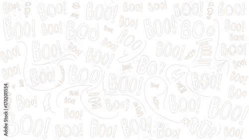 White background filled with the word boo in various fonts and sizes halloween themed pattern