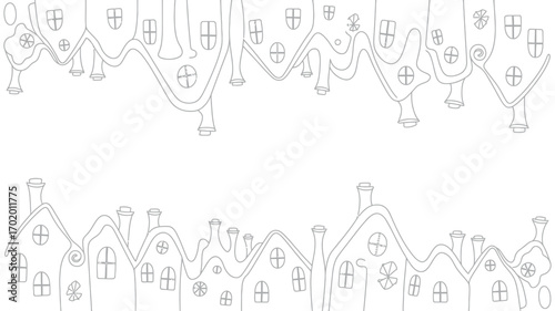 Illustration of whimsical houses with chimneys and windows in a line art style on a white background