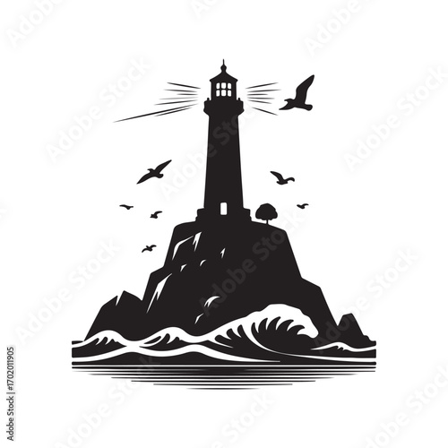 lighthouse on a rocky cliff with waves crashing seagulls flying above vector silhouette clip art logo design illustration