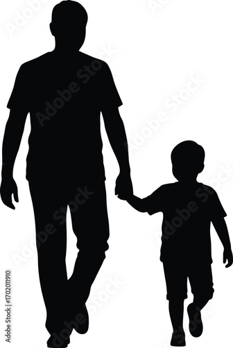 Silhouette of father walking with son holding hands, family bond, parenting love, childhood care, togetherness illustration, fatherhood concept, lifestyle vector