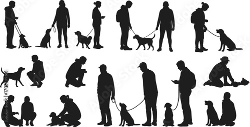 Silhouette Vector Set of People with Dogs Walking, Sitting, Training, and Playing in Outdoor Pet Care and Obedience Scenes