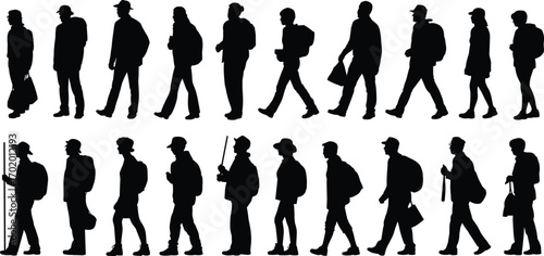 Silhouette of walking people with bags, backpacks, and accessories, male and female characters in casual outfits, travel lifestyle illustration