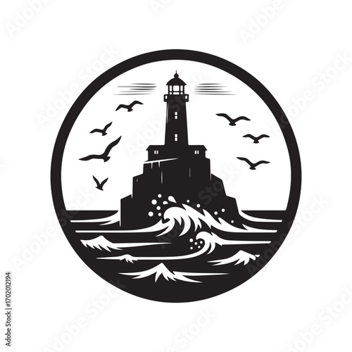 lighthouse on a rocky cliff with waves crashing seagulls flying above vector silhouette clip art logo design illustration