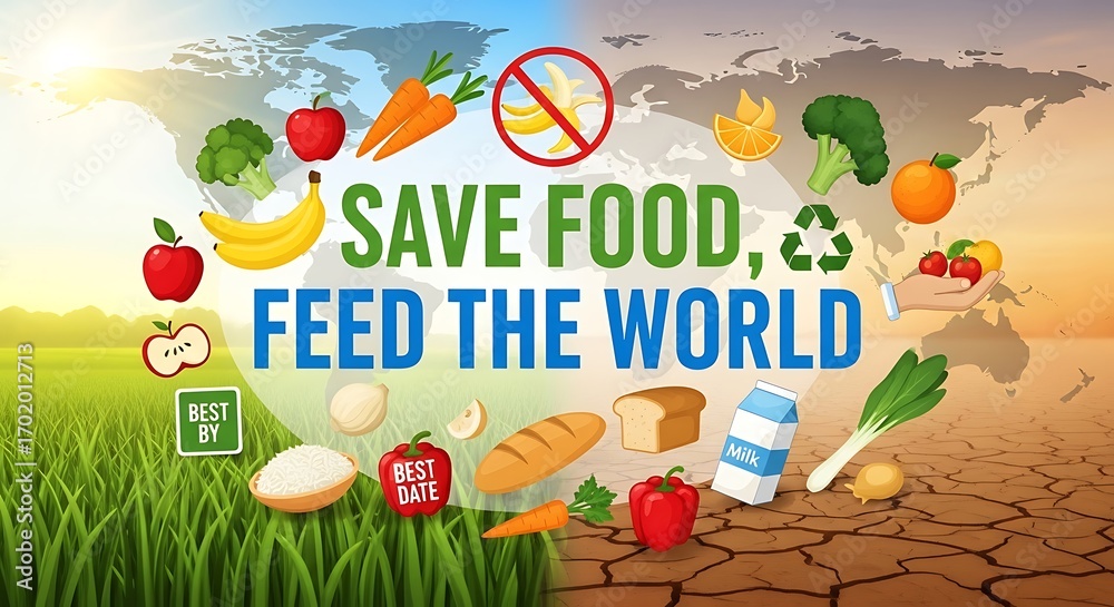 Save food feed the world message with fruits vegetables and earth map background illustration concept Save food feed the world message with fruits vegetables and earth map background illustration concept