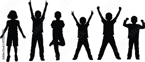 Silhouette of happy children playing together, kids celebrating victory, joyful childhood fun, raising hands, group activity, freedom, lifestyle illustration, vector