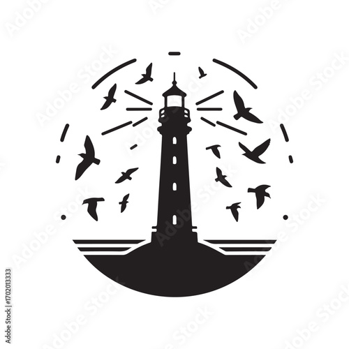 lighthouse on a rocky cliff with waves crashing seagulls flying above vector silhouette clip art logo design illustration