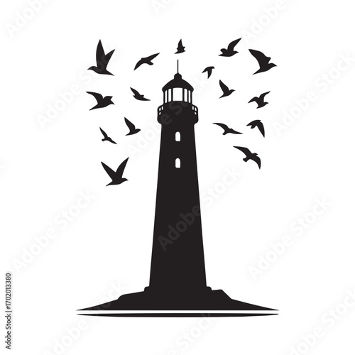 lighthouse on a rocky cliff with waves crashing seagulls flying above vector silhouette clip art logo design illustration