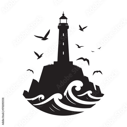 lighthouse on a rocky cliff with waves crashing seagulls flying above vector silhouette clip art logo design illustration