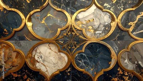 Wallpaper Mural Ornate gold-framed, patterned design with dark and light marble-like stone. Torontodigital.ca