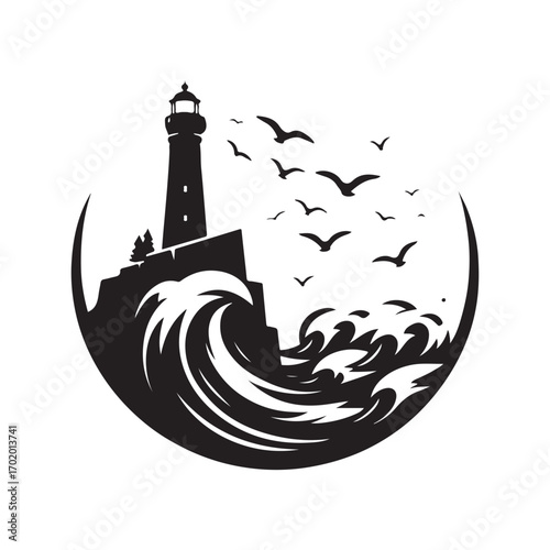 lighthouse on a rocky cliff with waves crashing seagulls flying above vector silhouette clip art logo design illustration