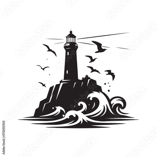 lighthouse on a rocky cliff with waves crashing seagulls flying above vector silhouette clip art logo design illustration