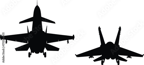 Silhouette of military fighter jet aircraft, modern war plane illustration, combat aviation vector design, air force airplane front view graphic
