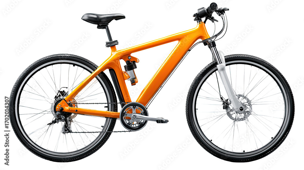Fototapeta premium Electric Mountain Bike: Modern electric mountain bike, boasting a vibrant orange frame, innovative suspension system, ready for an exhilarating off-road adventure.