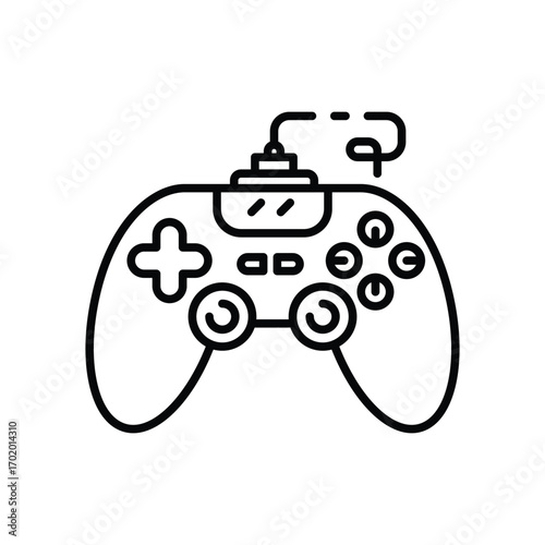 Black outline of a game controller with buttons joy sticks and a cable. Editable stroke icon