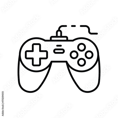 Black outline of a gamepad with directional pad four buttons and cable centered. Editable stroke icon