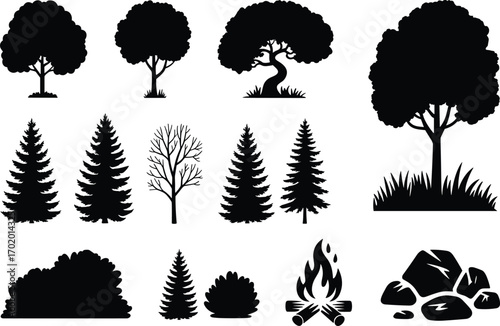 Silhouette trees, pine trees, campfire, nature elements, forest icons, landscape illustration, camping clipart, black vector trees, wilderness design, woodland scenery