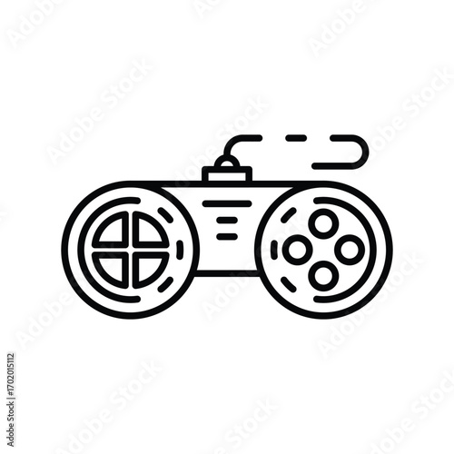 Line art illustration of a gaming controller with directional pad and action buttons. Editable stroke icon
