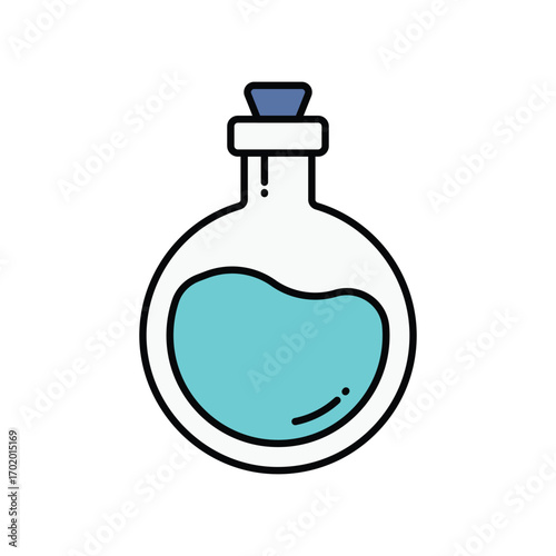 Potion in a round bottle with a stopper Light blue liquid inside Black outline