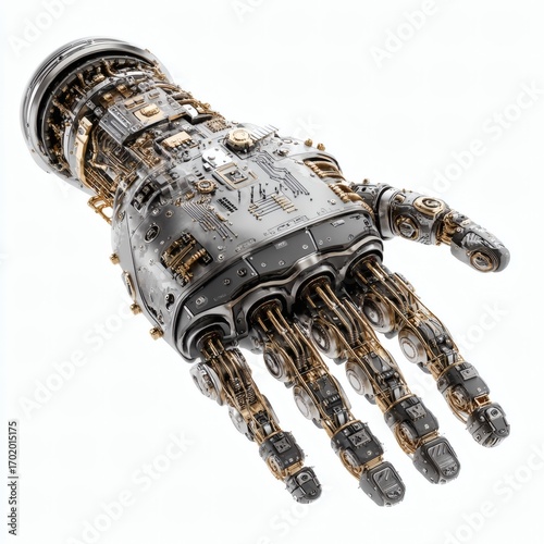 High-tech robotic hand reaching out, metallic futuristic design, ultra-clean isolated on white background, soft studio lighting, sharp clarity, perfect design element
