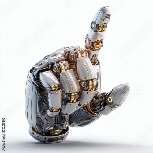 High-tech robotic hand reaching out, metallic futuristic design, ultra-clean isolated on white background, soft studio lighting, sharp clarity, perfect design element