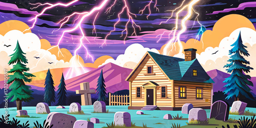 Spooky haunted cabin in stormy night vector, lightning strikes over eerie abandoned wooden lodge cartoon background