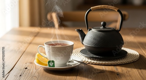 A steaming cup of tea with a cast iron teapot.
