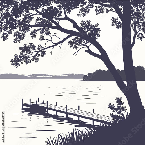 Vector art of a serene monochrome illustration showcases a tranquil lake scene, featuring a wooden pier extending into the calm water, framed by a large tree with lush foliage