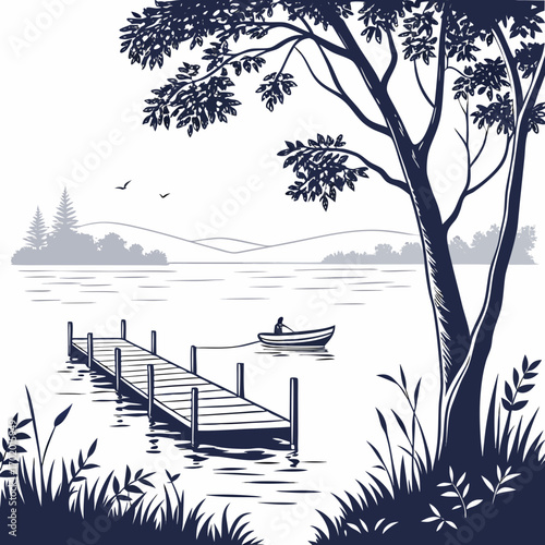 Vector art of a peaceful monochrome illustration captures a serene lake scene, featuring a wooden pier, a small boat with a person, and a large tree