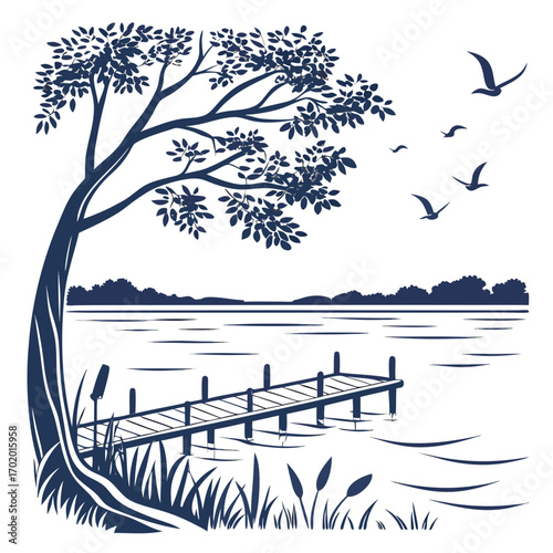Vector art of a tranquil monochrome illustration depicts a serene lake scene, featuring a wooden pier, reeds, and a large tree, with birds flying overhead